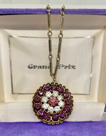 1960s Purple Rhinestone Circle Pendant Necklace Jewelry Bloomers and Frocks